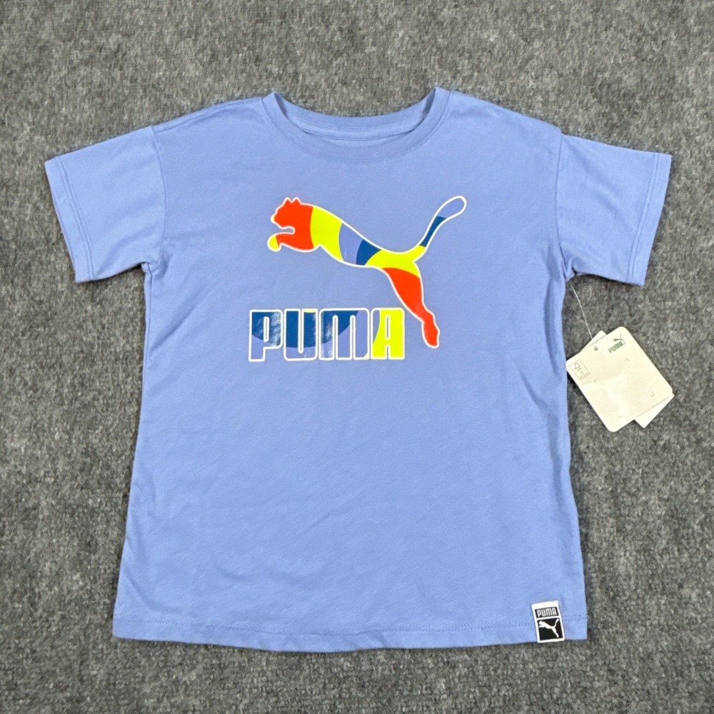 Puma Kids Size 5 Light Blue Rainbow Graphic Logo T-Shirt NWT